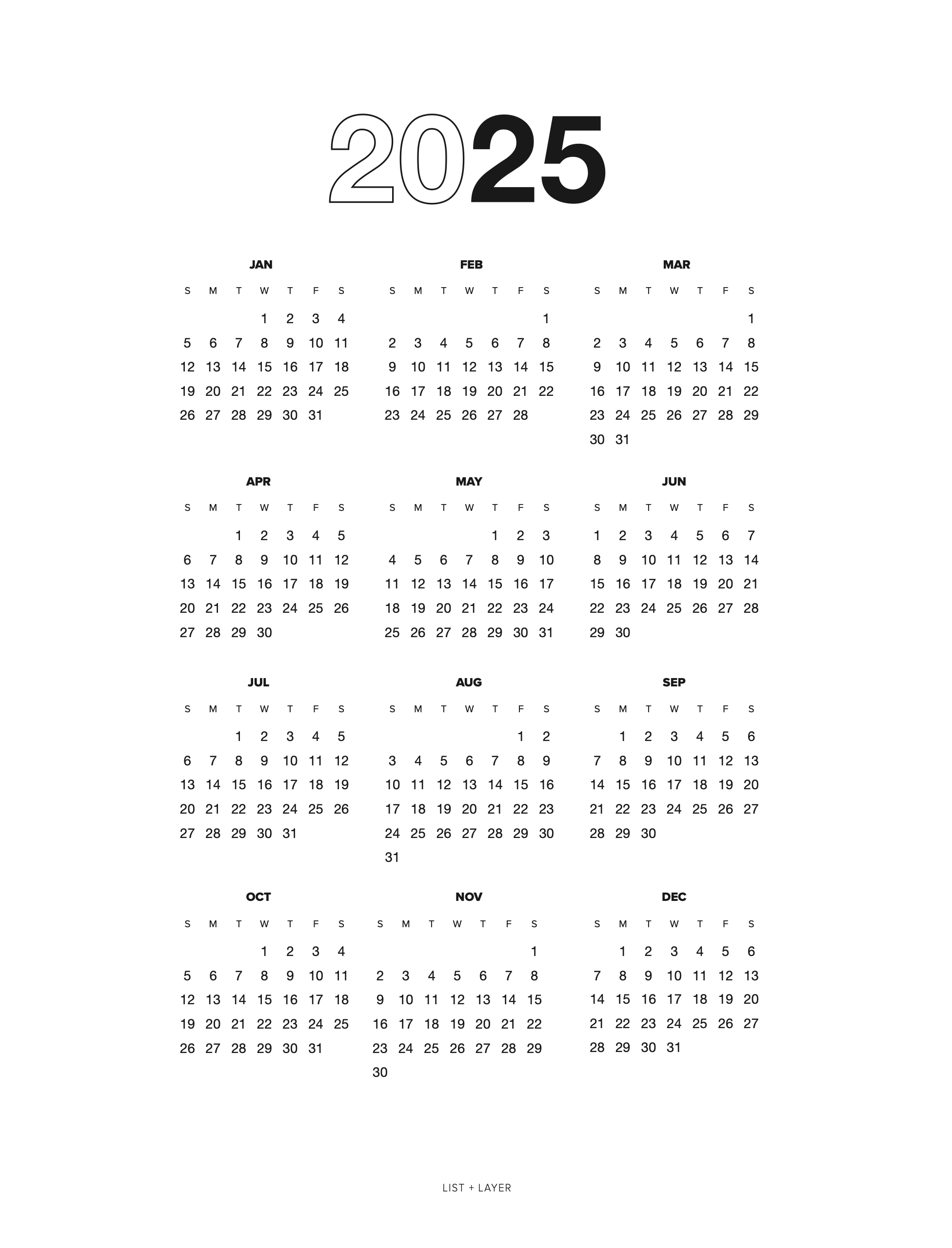 2025 Year At A Glance Wall Calendar